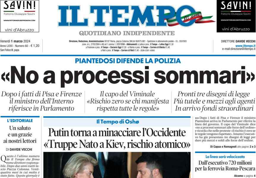La prima pagina de Il Tempo.