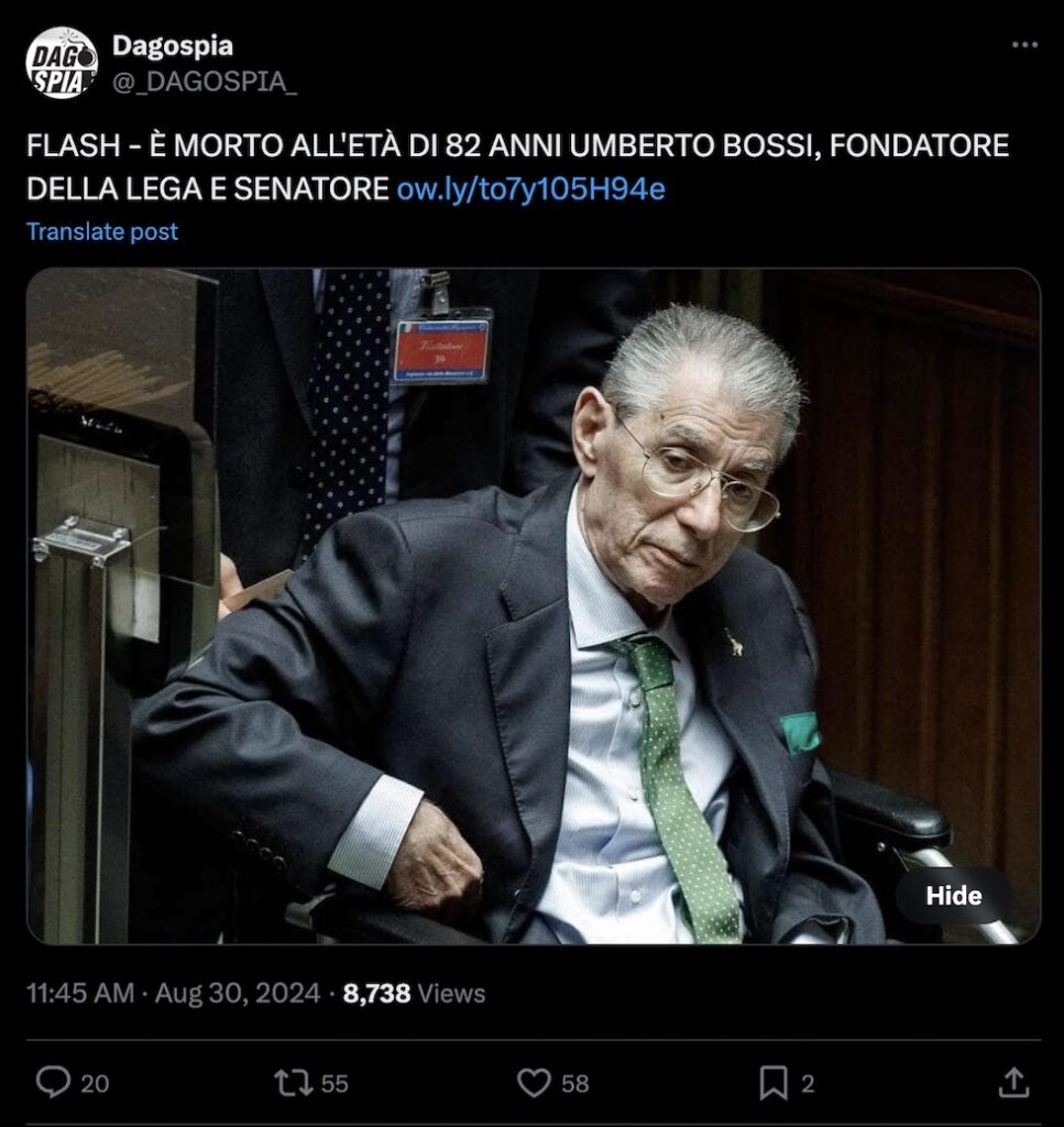 Dagospia, morte Bossi