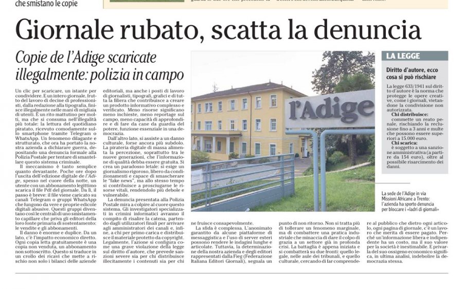 L’Adige denuncia la pirateria digitale